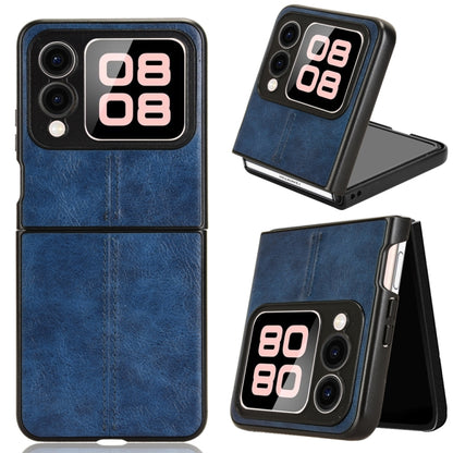 Blue faux-leather flip phone case with stitched seam and camera cutouts.