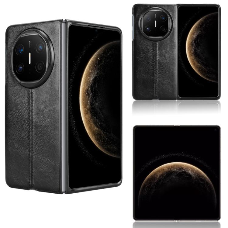 Foldable leather-style phone case with black textured cover and dual camera cutouts