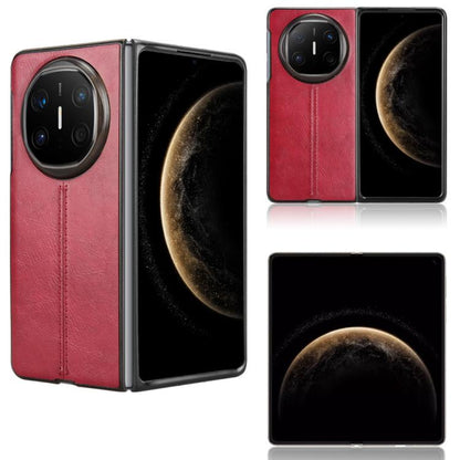 Foldable leather-style phone case with red textured cover and dual camera cutouts