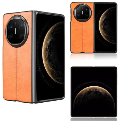 Foldable leather-style phone case with orange textured cover and dual camera cutouts