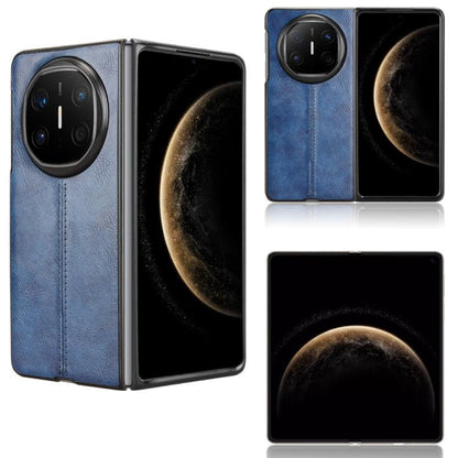 Foldable leather-style phone case with blue textured cover and dual camera cutouts