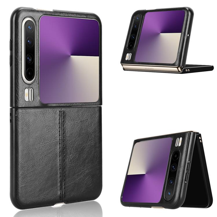 Black faux-leather flip phone case with purple screen, hinge stand, and camera openings