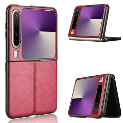 Foldable leather-style phone case with purple front panel and red textured back cover