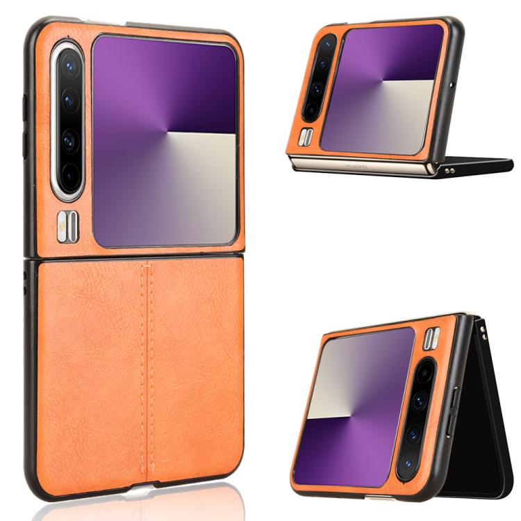 Foldable leather-style phone case with purple front panel and orange textured back cover