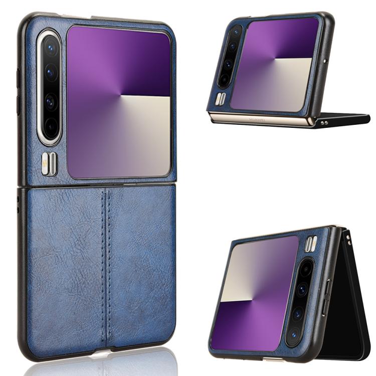 Foldable leather-style phone case with purple front panel and blue textured back cover