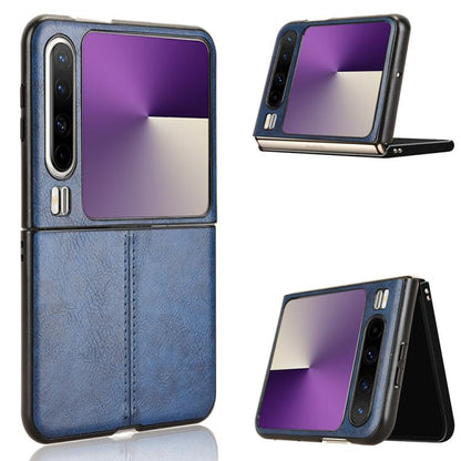 Foldable leather-style phone case with purple front panel and blue textured back cover