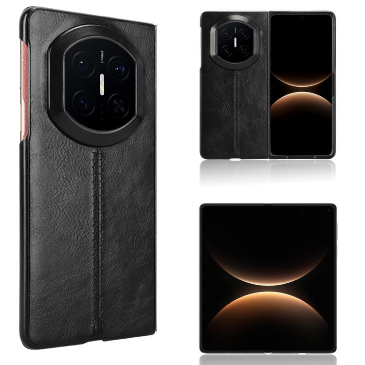Black faux-leather flip phone case with stitched seam and camera cutout, for Huawei foldables