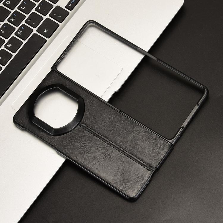 Black faux-leather phone case with round ring cutout and stitched edge detail
