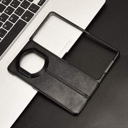 Black faux-leather phone case with round ring cutout and stitched edge detail
