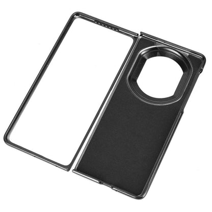 Black flip phone case with protective shell and circular camera opening, two-piece design