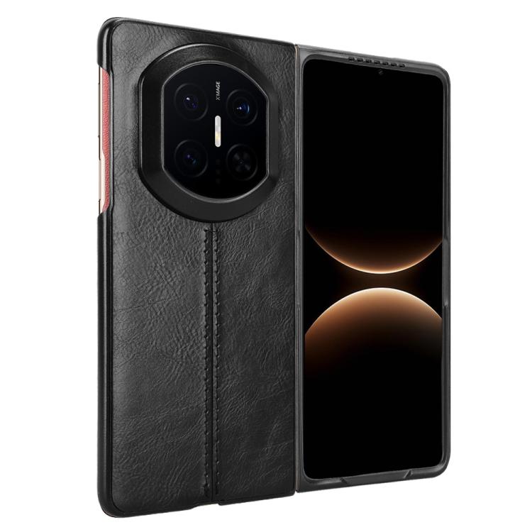 Black faux-leather flip phone case with camera cutout and visible screen panel