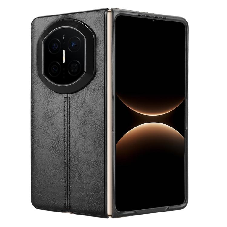 Black faux-leather flip phone case with vertical stitched seam and camera opening