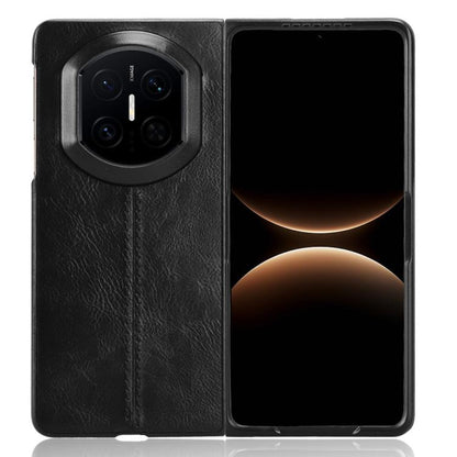 Black faux-leather flip phone case showing camera cutout and open-screen view