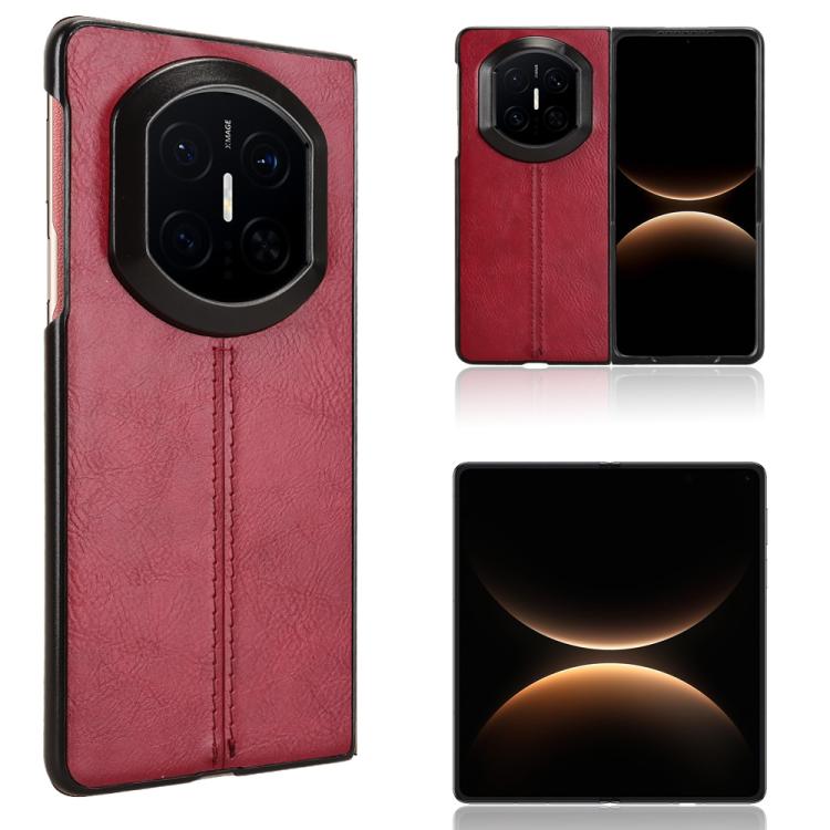 Red faux-leather flip phone case with stitched seam and camera cutout, for Huawei foldables