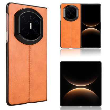 Orange faux-leather flip phone case with stitched seam and camera cutout, for Huawei foldables