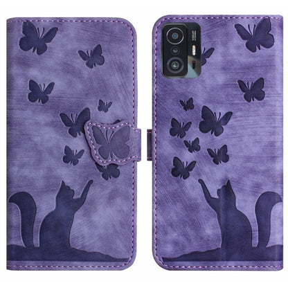 Purple flip leather phone case with embossed butterflies and cat silhouettes, phone cutout