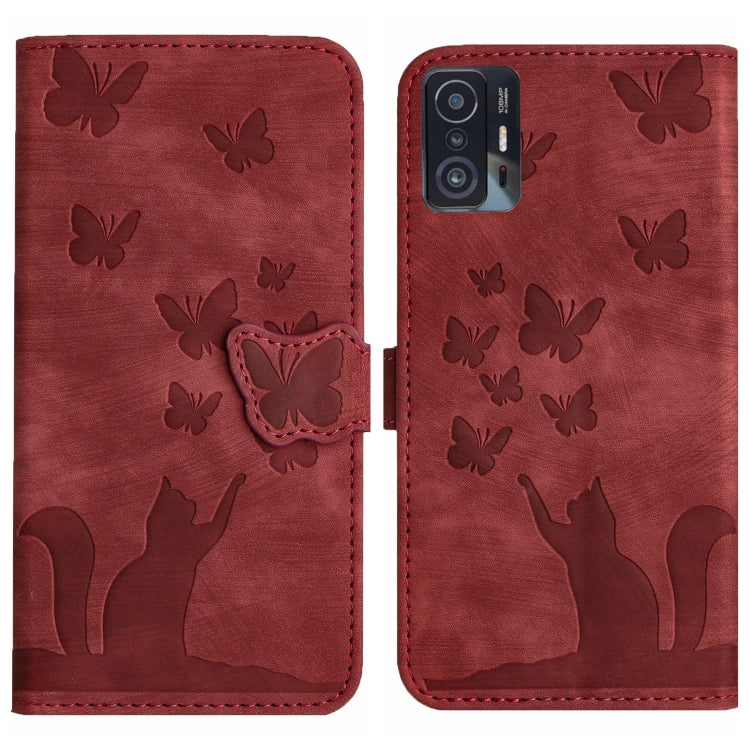 Red flip leather phone case with embossed butterflies and cat silhouettes, phone cutout