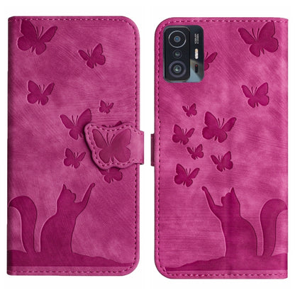 Pink flip leather phone case with embossed butterflies and cat silhouettes, phone cutout