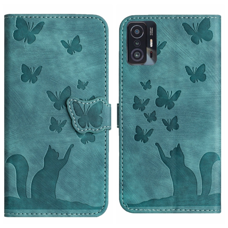 Teal butterfly cat embossed flip leather phone case with card holder flap.