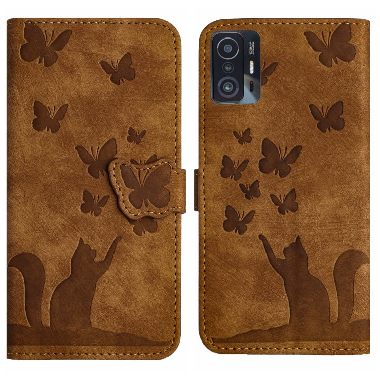 Brown butterfly cat embossed flip leather phone case with card holder flap.