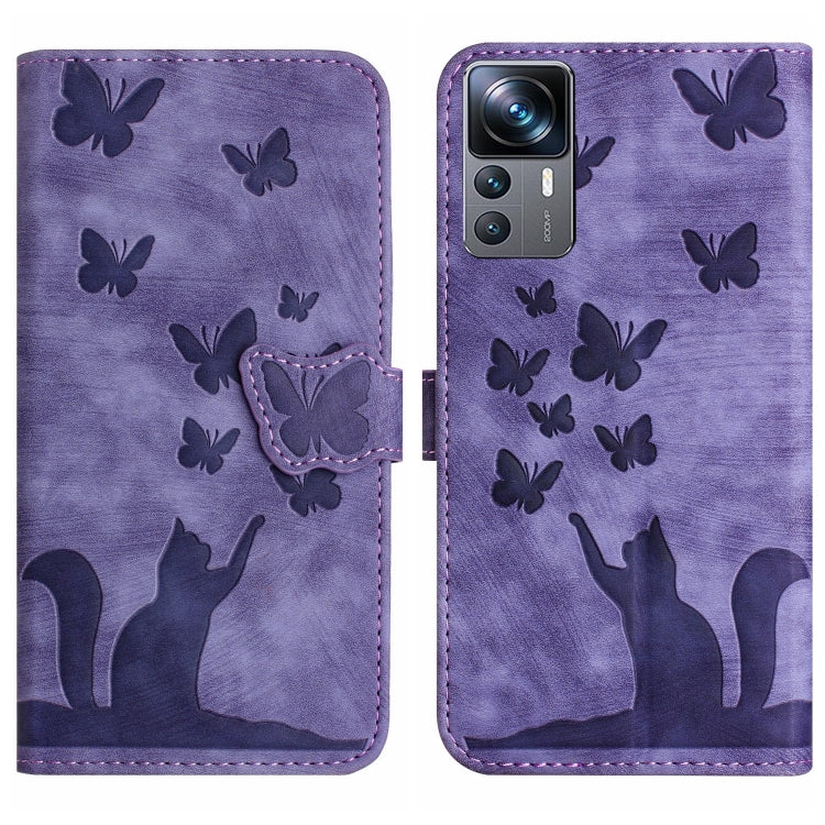 Purple embossed butterfly and cat silhouette flip leather phone case with camera cutout