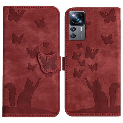 Red embossed butterfly and cat silhouette flip leather phone case with camera cutout
