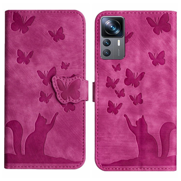 Pink embossed butterfly and cat silhouette flip leather phone case with camera cutout