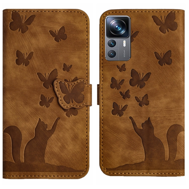 Brown flip leather phone case with butterfly embossing and cat silhouettes, side flap