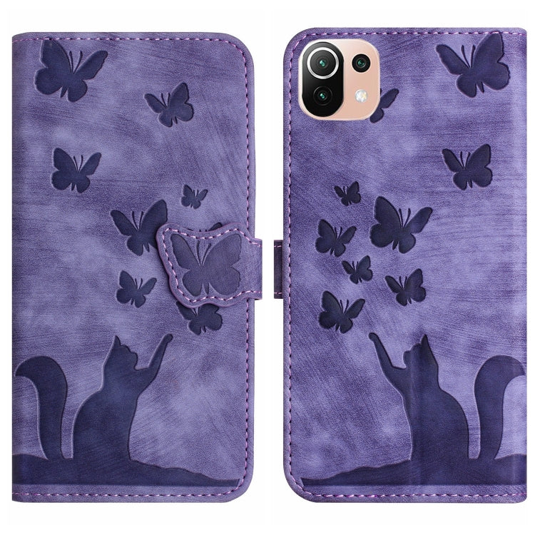 Purple embossed butterfly and cat flip leather phone case with side seams and stitching