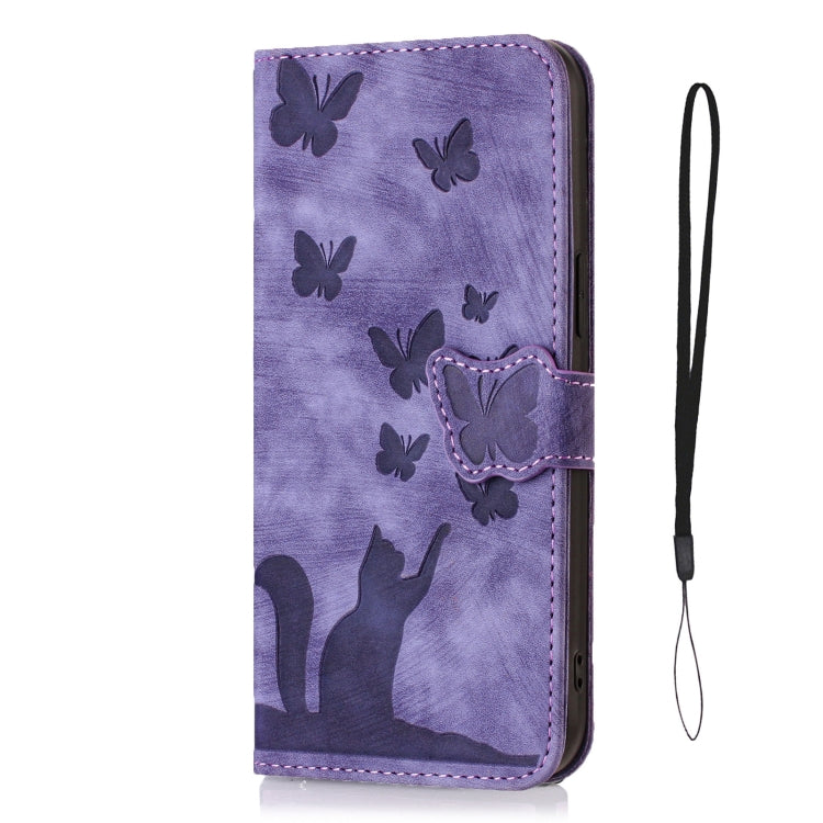 Purple cat and butterfly folio leather phone case with snap strap and front flap