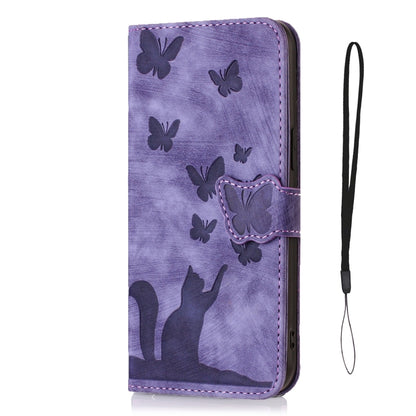 Purple cat and butterfly folio leather phone case with snap strap and front flap