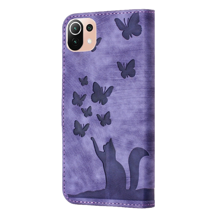 Purple embossed butterfly and cat folio leather phone case with stitched edges