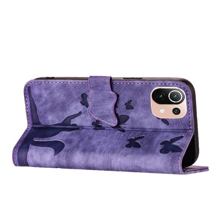 Purple cat and butterfly flip leather phone case with open stand-style flap