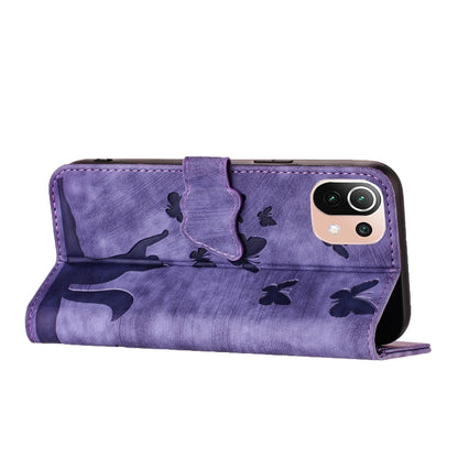 Purple cat and butterfly flip leather phone case with open stand-style flap