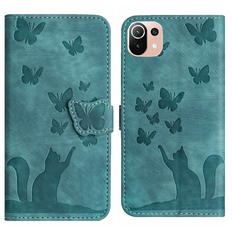 Teal embossed butterfly and cat flip leather phone case with snap strap and stitching