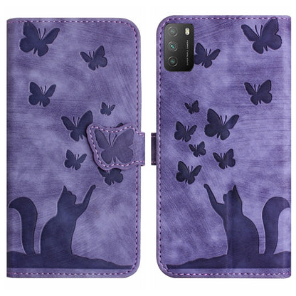 Purple butterfly and cat embossed flip leather phone case with stitched edges