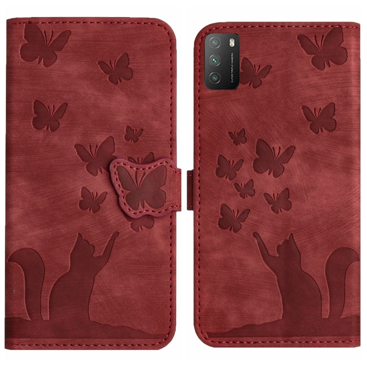 Red butterfly and cat embossed flip leather phone case with stitched edges