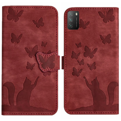 Red butterfly and cat embossed flip leather phone case with stitched edges