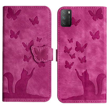 Pink butterfly and cat embossed flip leather phone case with stitched edges