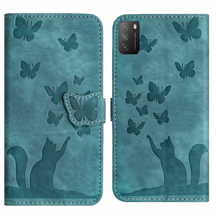 Teal butterfly and cat embossed flip leather phone case with stitched edges