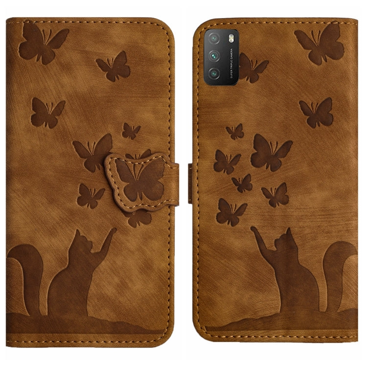 Brown butterfly and cat embossed flip leather phone case, front and back view