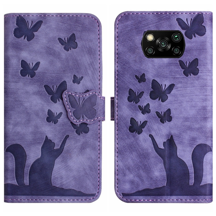 Purple butterfly cat embossed flip leather phone case with card holder flap.