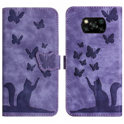Purple butterfly cat embossed flip leather phone case with card holder flap.