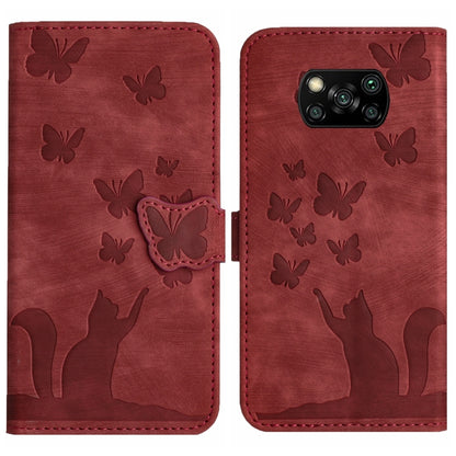Red butterfly cat embossed flip leather phone case with card holder flap.