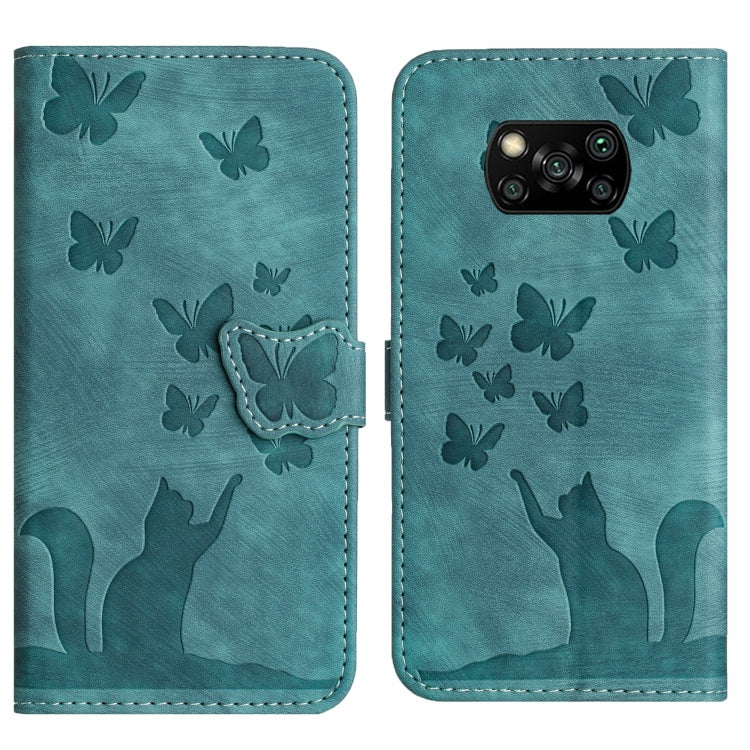 Teal blue flip phone case with butterfly and cat embossed pattern, side strap
