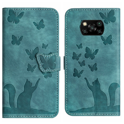 Teal blue flip phone case with butterfly and cat embossed pattern, side strap
