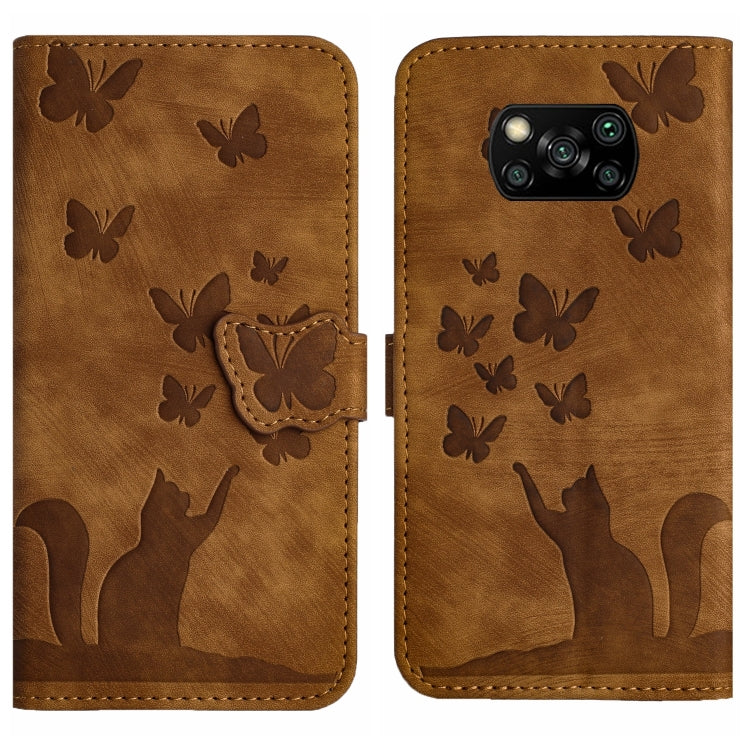 Brown flip phone case with butterfly and cat embossed pattern, side strap