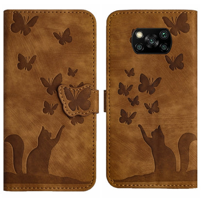Brown flip phone case with butterfly and cat embossed pattern, side strap