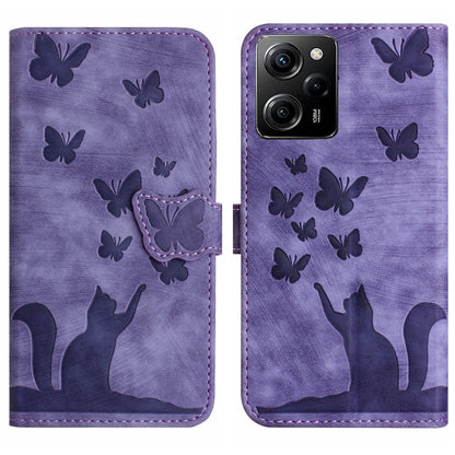 Purple flip leather phone case with embossed butterfly and cat pattern, magnetic flap