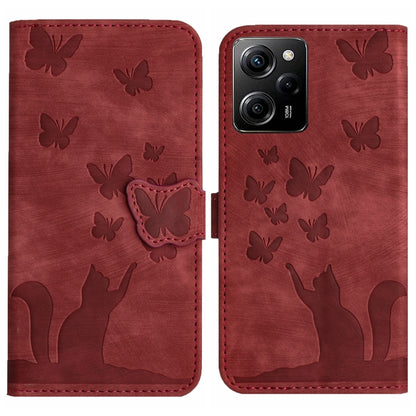 Red flip leather phone case with embossed butterfly and cat pattern, magnetic flap